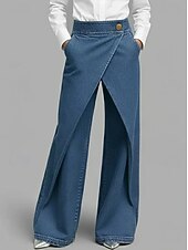 cheap Wide Leg &amp; High Waisted-Women's Wide Leg Chinos Vacation Basic Full Length Mid Waist Comfort Inelastic Daily Blue Black Spring Loose Fit