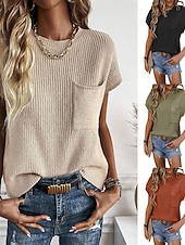 halpa Kiinteät värit-Naisten Neulos Pusero Tyylikäs Muoti Katutyyli Yhtenäinen väri Tiukka pyöreä kaula-aukko Kudottu Lyhyt hiha Tavalliset topit Neuloa Päivittäin ulko- Viikonloppu Punainen Ruskea Musta Kesä Kevät