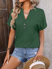 cheap Plain Blouses-Women's T Shirt Tee Top Buttons Plain Fashion Stylish Classic Short Sleeve V Neck Regular Tops Daily Going out Weekend Black Pink Sky Blue Fuchsia Green Summer Spring