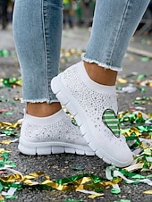  kvinnehjerte til St. Patricks dag &Flyknit-sneakers med kløvertrykk - elastiske, pustende slip-on-sko til irsk parade, høytidsfest og reiser &hverdagskomfort