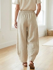 preiswerte Premium-Leinen-Kollektion-Damen-Leinenhose aus 70 % Leinen, weites Bein, Chino-Stil, Sommerhose, Urlaubshose, Streetwear, Basic, lange Länge, mittlere Bundhöhe, schlicht, Tasche, elastischer Bund, bequem, komfortabel, nicht elastisch, für Alltag, Outdoor, Straße, Bordeauxrot, Azur