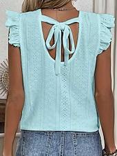 お買い得  プレーンTシャツ-女性用 アイレット刺繍 T シャツ ラッフル 切り抜き カーテンホルダーが含まれています。 純色 エレガント ヴィンテージ スタイリッシュ 半袖 キャップ クルーネック レギュラートップス 日常 お出かけ ホワイト ピンク ワイン ライトブルー 夏 春