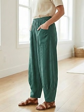 preiswerte Premium-Leinen-Kollektion-Damen-Leinenhose aus 70 % Leinen, weites Bein, Chino-Stil, Sommerhose, Urlaubshose, Streetwear, Basic, lange Länge, mittlere Bundhöhe, schlicht, Tasche, elastischer Bund, bequem, komfortabel, nicht elastisch, für Alltag, Outdoor, Straße, Bordeauxrot, Azur