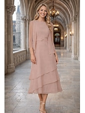 economico Set di abiti per la mamma-Tubino Colonna Lunghezza Tè Abito da invitata a nozze Abito da cerimonia per signora Manica 3/4 Collo gioiello Elegante Ospite di nozze Chiffon Con Stola con Arricciatura
