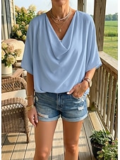 baratos Blusas e Camisas-blusa feminina elegante elegante cor sólida franzido manga morcego comprimento 3/4 manga regular tops gola alta trabalho diário preto branco amarelo rosa céu azul verão primavera outono