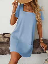 cheap Plain Dress-Women's Mini Dress Casual Dress Elegant Fashion Modern Outdoor Vacation Going out Regular Fit Plain Short Sleeve Square Neck Black Green Rose Red Light Blue Summer Spring
