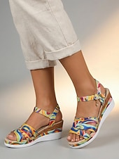 abordables Sandalias de cuña-Sandalias de plataforma coloridas para mujer: elegantes sandalias de tiras con hebilla ajustable &amp;Tacón de cuña, perfecto para vacaciones de verano y uso diario informal.