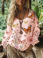 voordelige Boho Tops-Dames Boho-T-shirt T-shirt Afdrukken Bloemig Vintage Etnisch Casual Lange mouw V-hals Normale tops Dagelijks Weekend Vakantiekleding Blozend Roze Zomer Lente Herfst