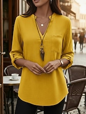 tanie Luksusowe koszule-Damskie Koszule bawełniane lniane Letnie szczyty Bluzka Eleganckie topy Z marszczeniami Niejednolita całość Kieszeń Jednokolorowe Równina Elegancja Zabytkowe damska Rękaw 3/4 Kołnierzyk koszuli