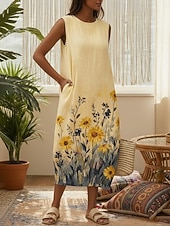 economico Abiti floreali-Per donna Abito Midi Finto cotone e lino Vestito Casual Vestito Estivo Abito a Tubino Vintage Quotidiano All'aperto Vacanza Vestibilità regolare Floreale Girasole Senza Maniche Girocollo Blu Giallo
