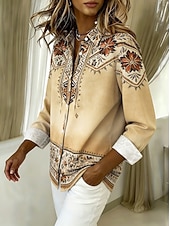 preiswerte Streifen- und geometrische Blusen-Damen Hemd Bluse Patchwork Knöpfe Druck Grafik Geometrisch Karomuster Vintage Tropisch Täglich Langarm V Ausschnitt Hemdkragen Lange Oberteile Täglich Strandbekleidung Urlaubskleidung Blau Schwarz