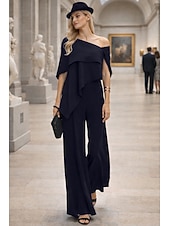 cheap Mom's Jumpsuits-Jumpsuits Floor Length Mother of the Bride Dress Short Sleeve Off Shoulder Elegant Formal Wedding Guest Wedding Party Chiffon with Ruffles
