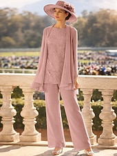 billige Mammas buksedresser-3-delt buksedress gulvlang mor til bruden kjole langermet rund hals elegant formell brudgjest med perler