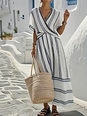 abordables Vestidos a Rayas y Geométricos-Mujer Vestido Midi Vestido de una línea Vacaciones Casual Exterior Noche Ajuste regular Raya Manga Corta Escote en Pico Azul marinero Amarillo Azul cielo Beige Verano Primavera