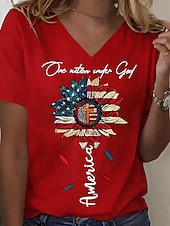 Недорогие День независимости Топ-День независимости Патриотичная женская футболка с графическим флагом винтажная стильная классическая короткие рукава V-образный вырез обычные топы повседневные выходные принт черный белый желтый