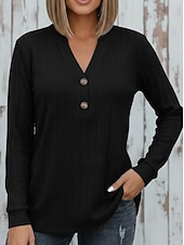 economico Bluse Semplici-Per donna Maglietta Bottoni Tinta unica Elegante Moda Manica Lunga Scollo a V Top Regolari Quotidiano Weekend Blu Nero Bianco Giallo Rosa Primavera Autunno