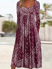 abordables Robes Floraux Imprimés-Femmes Robe Midi Robe Décontractée Élégant Mode Moderne Extérieur Vacances Sortir Coupe régulière Uni manche longue Col ras du cou Bleu Rouge Gris Été Printemps