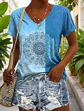 abordables Camiseta floral-Mujer Camiseta Estampado Graphic Geométrico Plantas Vintage Elegante Clásico Manga Corta Escote en Pico Tops regulares Diario Azul Piscina Amarillo Naranja Verano Primavera