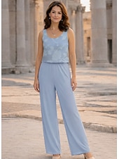 preiswerte Hosenanzüge für Mama-Dreiteilig Hosenanzug Bodenlang Brautmutterkleid Langarm U-Boot-Ausschnitt Elegant Minimalistisch Formell Hochzeitsgast Ferien Chiffon Mit Schal mit Blume