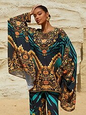 economico camicie, top e camicette-camicia in chiffon con maniche dolman con motivo vintage per le vacanze