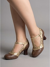 voordelige Jaren 1920 &amp; Gatsby-tijdperk-Damespumps uit de jaren 1920 in vintage T-bandstijl - elegant wit &amp;Gouden Gatsby-hakken met geschulpte metallic rand voor feestjes in de stijl van de Roaring Twenties en flapper-kostuums. &amp;retro
