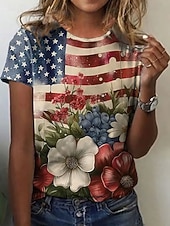 رخيصةأون عيد الاستقلال الأعلى-تي شيرت نسائي وطني لعيد الاستقلال برسمة علم عتيقة أنيقة كلاسيكية بأكمام قصيرة بحافة عادية يومية عطلة مطبوعة زرقاء ربيع صيف