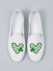  レディース セントパトリックスデー クローバーハートプリント 軽量フラットシューズ - アイルランドのパレード、ホリデーパーティー、旅行に最適な伸縮性のあるニットスリッポンシューズ &毎日の散歩