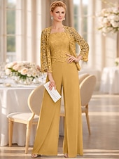 cheap Mom's Jumpsuits-Jumpsuit Pantsuit 3 Piece Floor Length Mother of the Bride Dress Sleeveless Square Neck Elegant Plus Size Formal Wedding Guest Chiffon Corded Lace Wrap Included with Lace Appliques