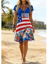  Amerikanischer Unabhängigkeitstag Damen Minikleid Sommerkleid Etui-Kleid T-Shirt-Kleid A Linie Kleid Urlaub Lässig Outdoor Party Ausgehen Lässiger Schnitt Blumen Grafik Nationalflagge Kurzarm V