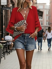 Недорогие Блузки и рубашки-Жен. Рубашка Блуза Черный Белый Желтый Полотняное плетение Полоски Молния Рукав 3/4 Повседневные Праздники Классический Деловые На каждый день V-образный вырез S