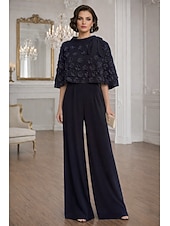 cheap Mom's Jumpsuits-Sheath Column Jumpsuit Pantsuit Floor Length Mother of the Bride Dress Half Sleeve Crew Neck Elegant Simple Casual Formal Wedding Guest Wedding Party Chiffon Shawls with 3D Flowers Beading Appliques