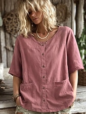 cheap Shirts-Women's Blouse Faux Linen Shirt Pocket Buttons Solid Color Daily Casual Half Sleeve Crew Neck Regular Tops Daily Black White Pink Brown Green Summer Spring
