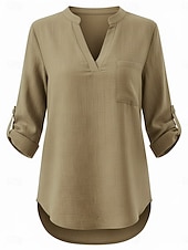 economico Camicie di Lusso-Per donna Camicie di cotone e lino Top estivi Blusa Top Eleganti Arricciato Patchwork Tasca Tinta unica Semplice Elegante Vintage Signore Manica 3/4 Colletto a Camicia Top Regolari Quotidiano Lavoro