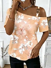 baratos Blusas Florais-Mulheres Camiseta T-shirt Imprimir Floral Gráfico à moda Clássico Casual Manga Curta Pescoço Assimétrico Tops regulares Diário Para Noite Final de semana Verde Claro Rosa Laranja Verde Cinzento Verão