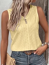 cheap Plain tee-Women's Tee Eyelet top Buttons Solid Color Elegant Vintage Stylish Sleeveless V Neck Regular Tops Daily Going out Vacation Wear Black White Yellow Dusty Rose Sky Blue Summer Spring