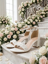 cheap Bride-Women's Ivory White Block Heel Sandals with Pearl Detail - Elegant Bridal Shoes for Garden Weddings
