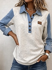  Mulheres Moletom Bloco de cor Casual Manga Longa Lapela Tops regulares Bege Primavera Outono