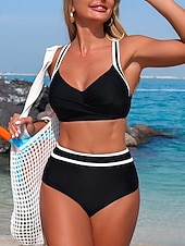 economico Bikini-Per donna Costumi da bagno Bikini Due pezzi Mutande Costume da bagno Controllo della Pancia Vita alta Snello Senza schiena Vacanza Abbigliamento da Spiaggia A righe Scollo a V Senza Maniche Costumi