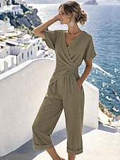 abordables Ensembles chemisiers pour femmes-Femmes Ensembles de Pantalons Haut boléro Manche Courte Col en V Couleur Unie Froncé Mode Streetwear Occasionnel Quotidien Extérieur Bleu Kaki Beige Été Coupe régulière