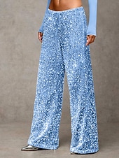 baratos perna larga e cintura alta-Mulheres Calças Calça casual Reto Moda Roupa de rua Básico Comprimento total Cintura Alta Tecido Paetês Bolsos Cintura elástica Confortável Micro-Elástica Diário Férias Festa Preto Azul Marinha Azul