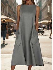 Недорогие Белые повседневные платья-женское платье миди без рукавов карманы повседневный силуэт А-силуэт круглый вырез белый летний универсальный стандартный крой удобный легкий дышащий одежда одежда