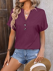 cheap Plain Blouses-Women's T Shirt Tee Top Buttons Plain Fashion Stylish Classic Short Sleeve V Neck Regular Tops Daily Going out Weekend Black Pink Sky Blue Fuchsia Green Summer Spring