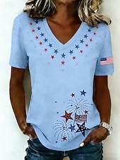 billiga Självständighetsdagen Topp-Amerikanska självständighetsdagen Dam T-shirt Mönster Grafisk Flagga Vintage Stylish Klassisk Kortärmad V-hals Långa toppar Dagligen Blå Svart Vit Sommar Vår