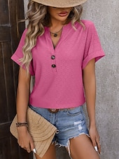 preiswerte Einfarbiges T-Shirt-Damen T Shirt T-Shirt Knöpfe Einfach Mode Stilvoll Klassisch Kurzarm V Ausschnitt Normale Oberteile Täglich Ausgehen Wochenende Blau Schwarz Purpur Fuchsie Grün Sommer Frühling