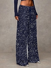baratos perna larga e cintura alta-Mulheres Calças Calça casual Reto Moda Roupa de rua Básico Comprimento total Cintura Alta Tecido Paetês Bolsos Cintura elástica Confortável Micro-Elástica Diário Férias Festa Preto Azul Marinha Azul