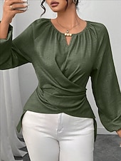 cheap Plain Blouses-Women's Blouse Ruched Plain Elegant Stylish Basic Long Sleeve Crew Neck Regular Tops Daily Streetwear Black Pink Wine Green Khaki Spring Fall