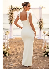 cheap Little White Dresses-Sheath Column Floor Length White Dress Little White Dress Elegant Open Back Sleeveless V Neck Evening Party Wedding Stretch Fabric Backless with Ruched Slit