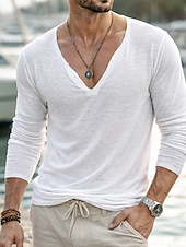 preiswerte Baumwoll-Leinen T-Shirts-Herren Henley Hemd Leinen-T-Shirt Langarm V Ausschnitt Sommer Frühling Einfarbig Vintage Böhmische Lässig Rein Lässig Urlaub Straße Schwarz Weiß Hellgrün Top T-Shirt für Herren