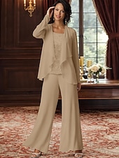 abordables Trajes de pantalón de mamá-Traje de pantalón Traje de 3 piezas Hasta el Suelo Vestido de Madrina Sin Mangas Barco de cuello Elegante Talla Grande Bolero incluido Formal Invitado a la boda Gasa con Encaje