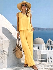 economico Set Coordinati di Lusso-Per donna Set di biancheria in cotone Gilet in cotone e lino Set di Pantaloni Senza Maniche Girocollo Tinta unica Moda Streetwear Casuale Quotidiano All'aperto Bianco Giallo Beige Estate Vestibilit